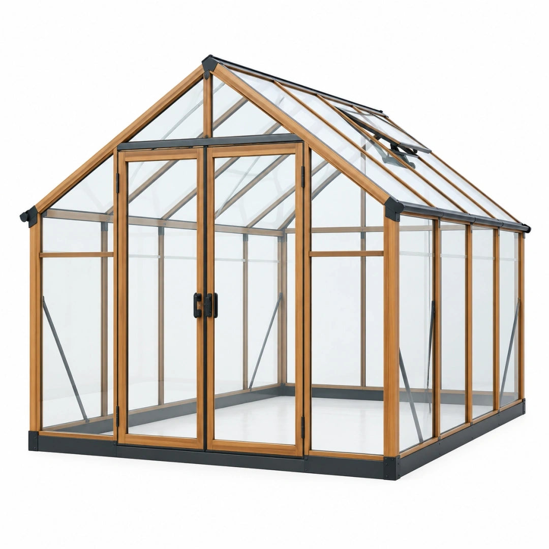 Invernadero 300 x 240 x 250 cm con estructura metálica efecto madera y paneles transparentes - exterior con ventilación