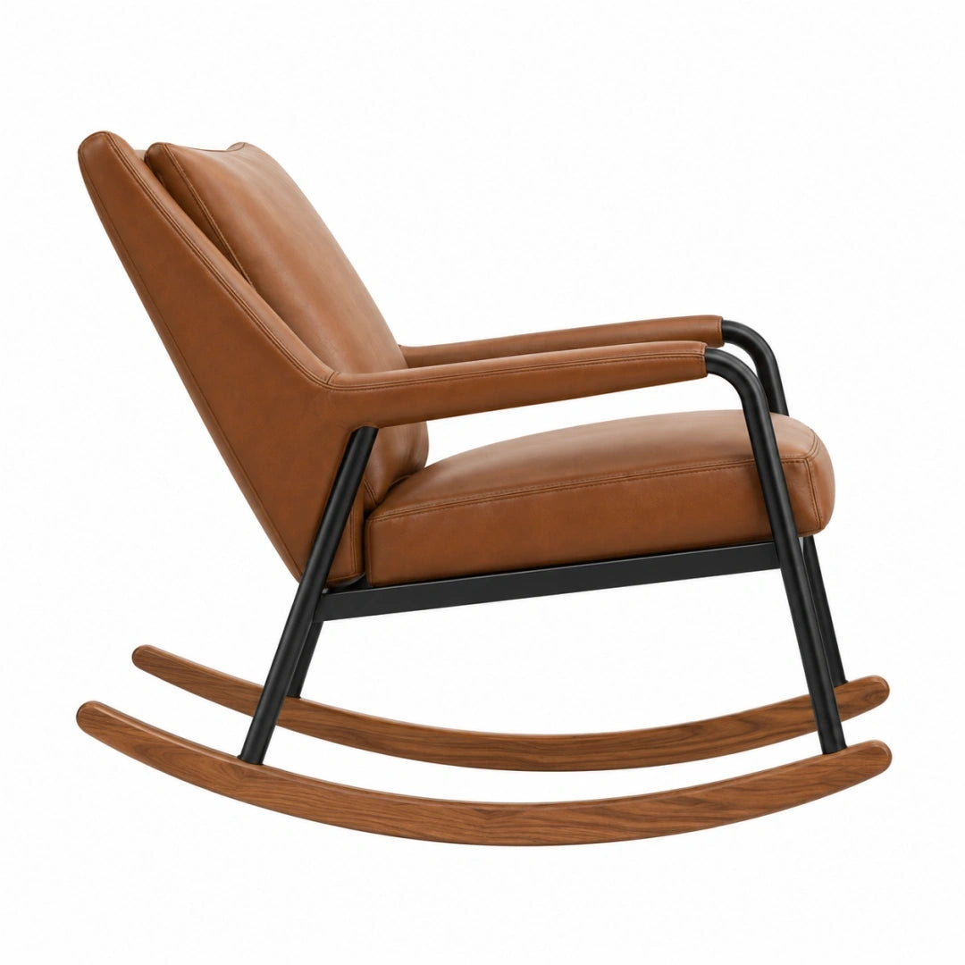 Mecedora 68 x 95 x 98 cm tapizada efecto piel marrón con estructura metálica y patines de madera