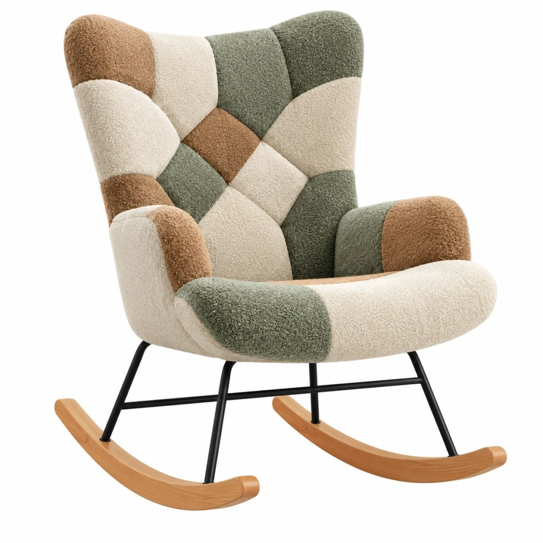 Sillón mecedora 70 x 95 x 105 cm con tapizado bouclé multicolor y estructura de metal y madera