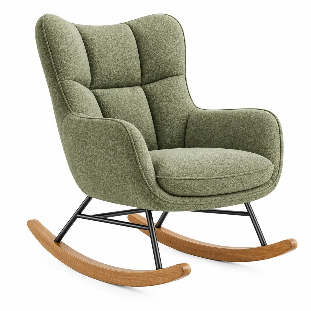 Mecedora 75 x 92 x 102 cm tapizada verde con base de madera y metal estilo nórdico