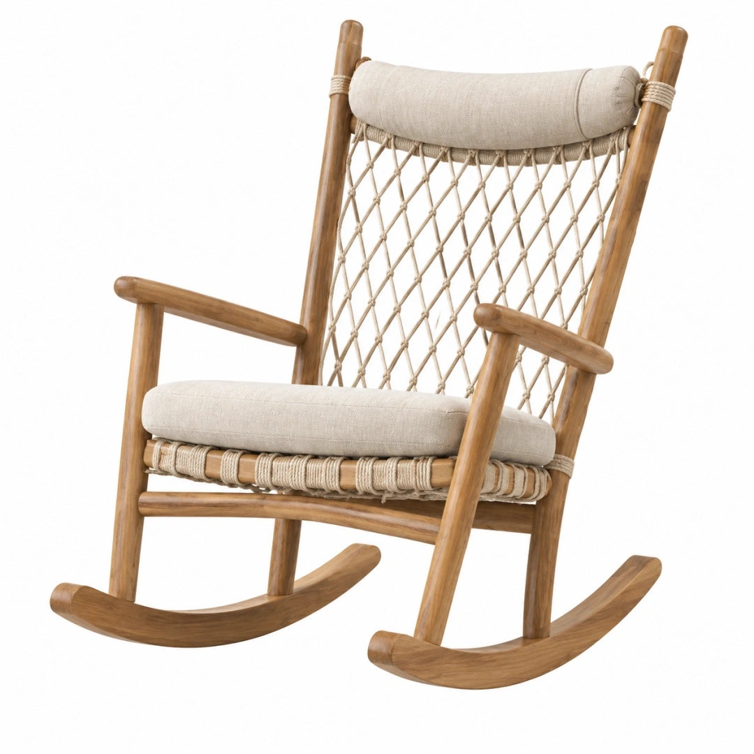 Silla mecedora 70 x 95 x 105 cm de madera y cuerda beige para interior estilo bohemio