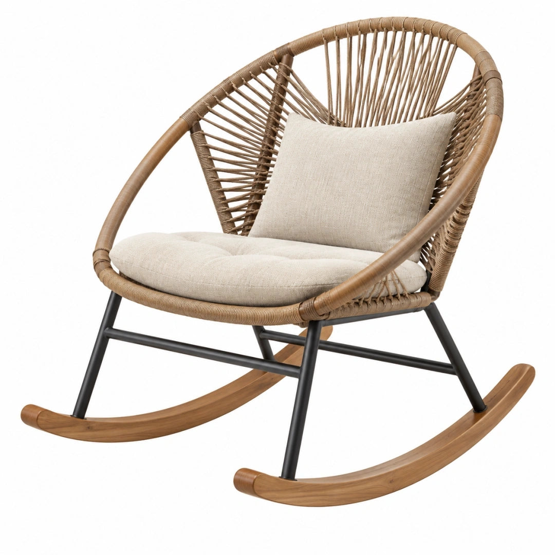 Silla mecedora 100 x 72 x 98 cm de ratán beige con estructura de metal y patines de madera