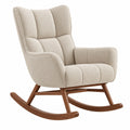 Mecedora de tela beige 80 x 95 x 105 cm con estructura de madera y respaldo alto acolchado