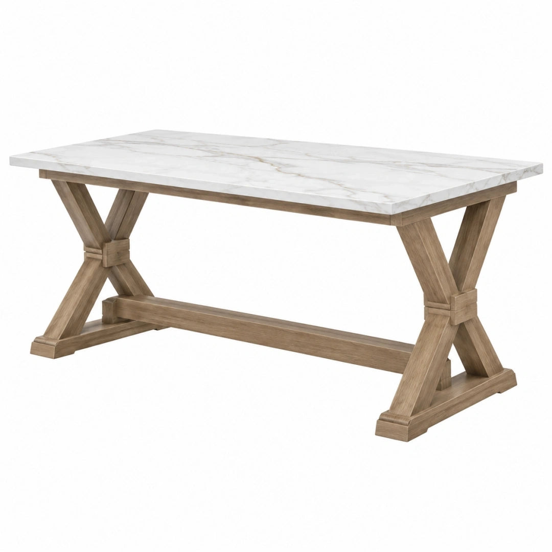 Mesa de comedor 180 x 90 x 76 cm con tablero efecto mármol y base de madera estilo rústico