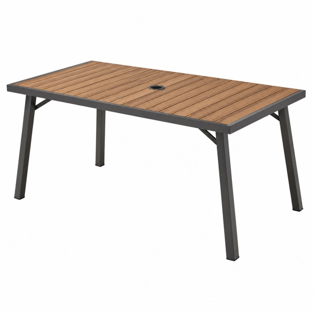 Mesa de exterior 150 x 90 x 75 cm de madera y metal marrón y negro con orificio para sombrilla