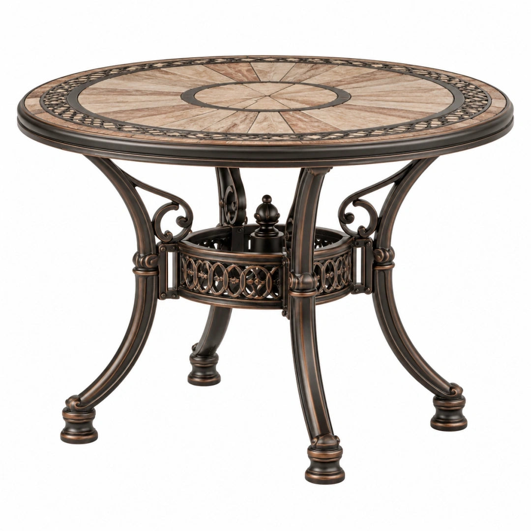 Mesa de jardín redonda 122 cm de metal bronce con tablero de mosaico estilo clásico