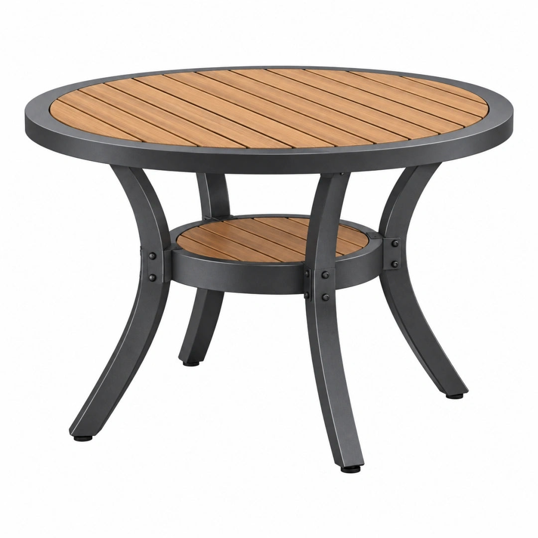 Mesa de exterior redonda 90 cm de madera y metal negro con estante inferior
