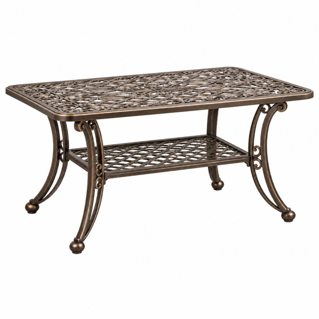 Mesa de centro exterior 110 x 60 x 45 cm de aluminio fundido bronce clásico con estante