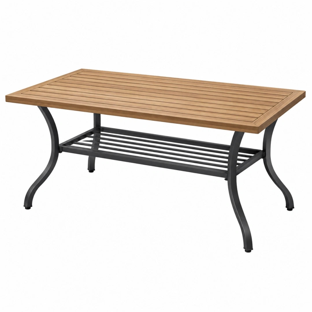 Mesa de jardín rectangular 150 x 90 x 75 cm de madera y metal marrón negro con estante inferior