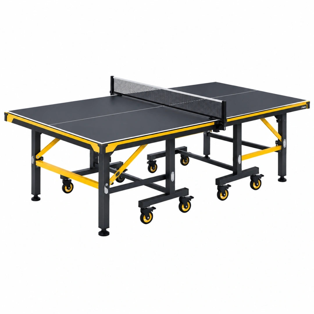Mesa de ping pong 274 x 152.5 x 76 cm de acero negra y amarilla con ruedas